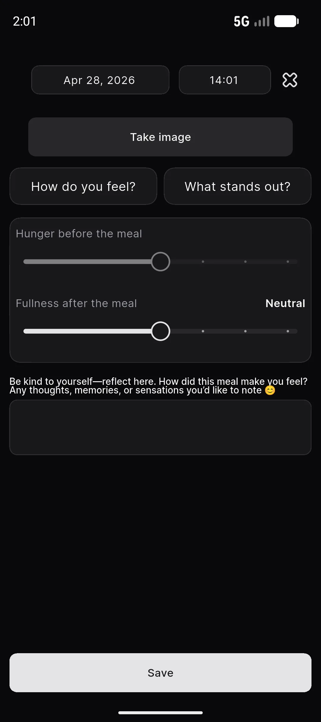 Eingabeformular für Mahlzeiten mit Wie fühlst du dich-Buttons und Hunger- und Sättigungsreglern